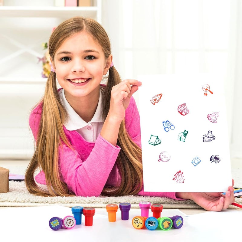 Lemicin 24 Pcs Camp Stampers Camping Mini Adventure Holiday Stamps Colorful Self Inking Birthday Party Supplies Favors for Boys Girls Student School Classroom Rewards Carnival Prizes Supplies - Image 4
